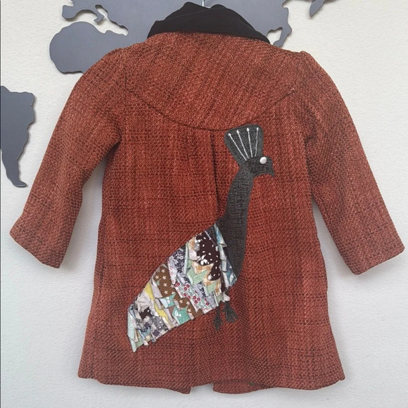Handmade Charlotte for Anthropologie Kids Rust Orange Jacket with Peacock Design - Picture 1 of 16